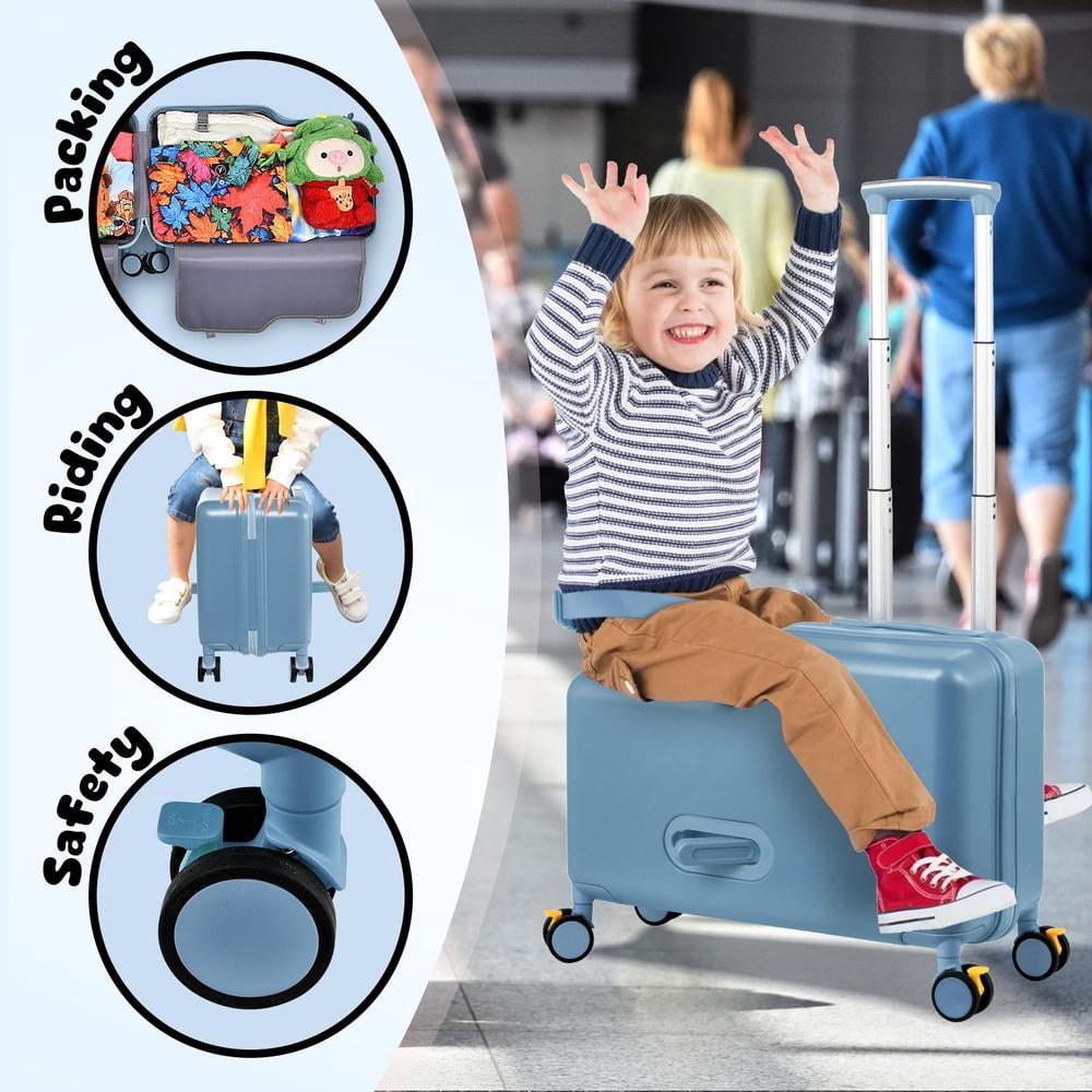 Kids Ride on Suitcase 20 Inch, Childrens Travel Carrier Cabin Case with Foot Pedal Spinner Wheels and Safe Harness Stroller for Boy Girl Travel(Blue)