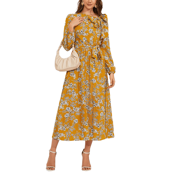Round Neck Bow Detail Floral Print Dress for Women Mid-Calf Length Yellow Medium