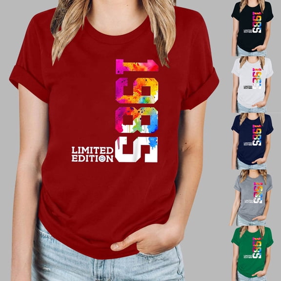 YHAJDS Women's Short Sleeve Tops 1985 Letter Print Round Neck Loose Casual Summer Tee
