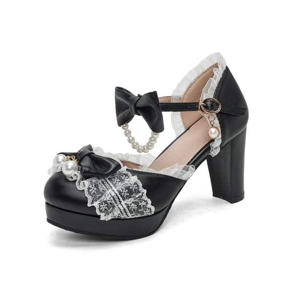 SACFOF Kawii Shoes Bow Pearl Heels Lolita Platform Heels for Women Lace Cute Mary Janes Pumps