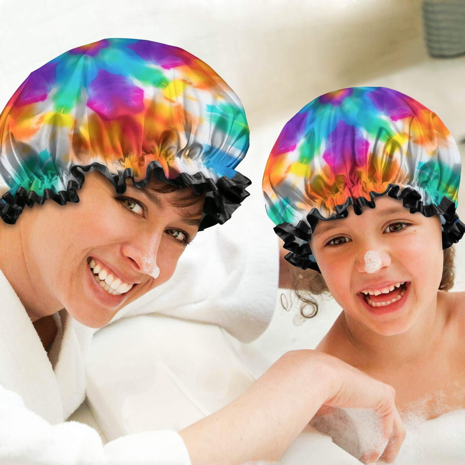 Shower Caps,Colorful Rainbow Tie Dye Spiral Pattern Waterproof Shower Cap for Women 4 Pieces,Double Reusable Hair Cover for Shower PEVA Elastic Stretch Hem