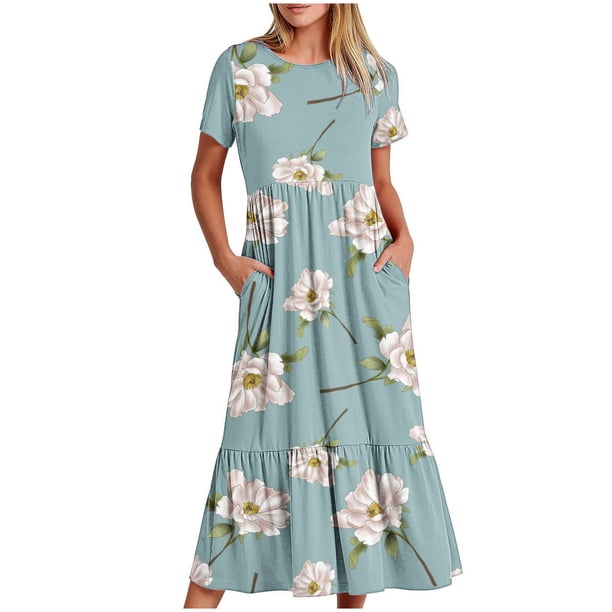 Puntoco Vestido Midi De Moda Para Mujer Vestido Con Cuello Redondo Y Manga Corta Con Doble Bolsillo Y Estampado Floral Color S,Regalos Para Mujer Joven
