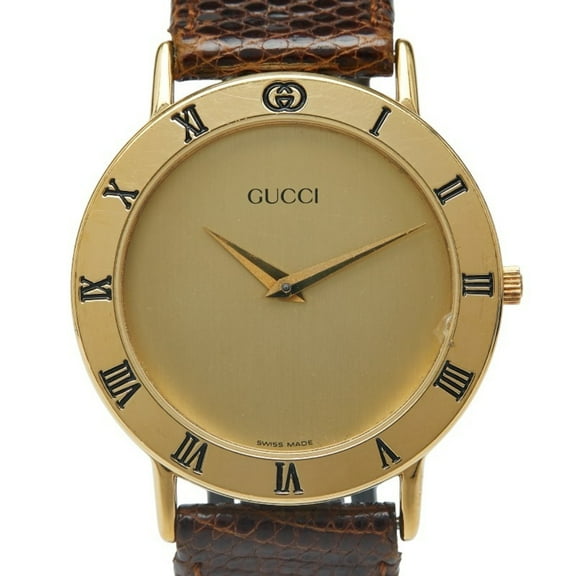 Pre-Owned Gucci 3000.2.M Quartz Watch with Gold Dial, Stainless Steel and Leather... (Good)