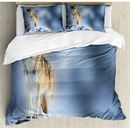 Wolf Duvet Cover Set Carnivore Animal In Snow Mountains Blurred