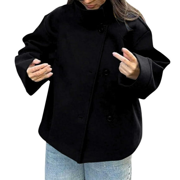 Pea Coat, Comdrip Women Crop Coat Wool Blend Winter Loose Casual Short Jacket Outwear Short Trench Coats for Women Black S