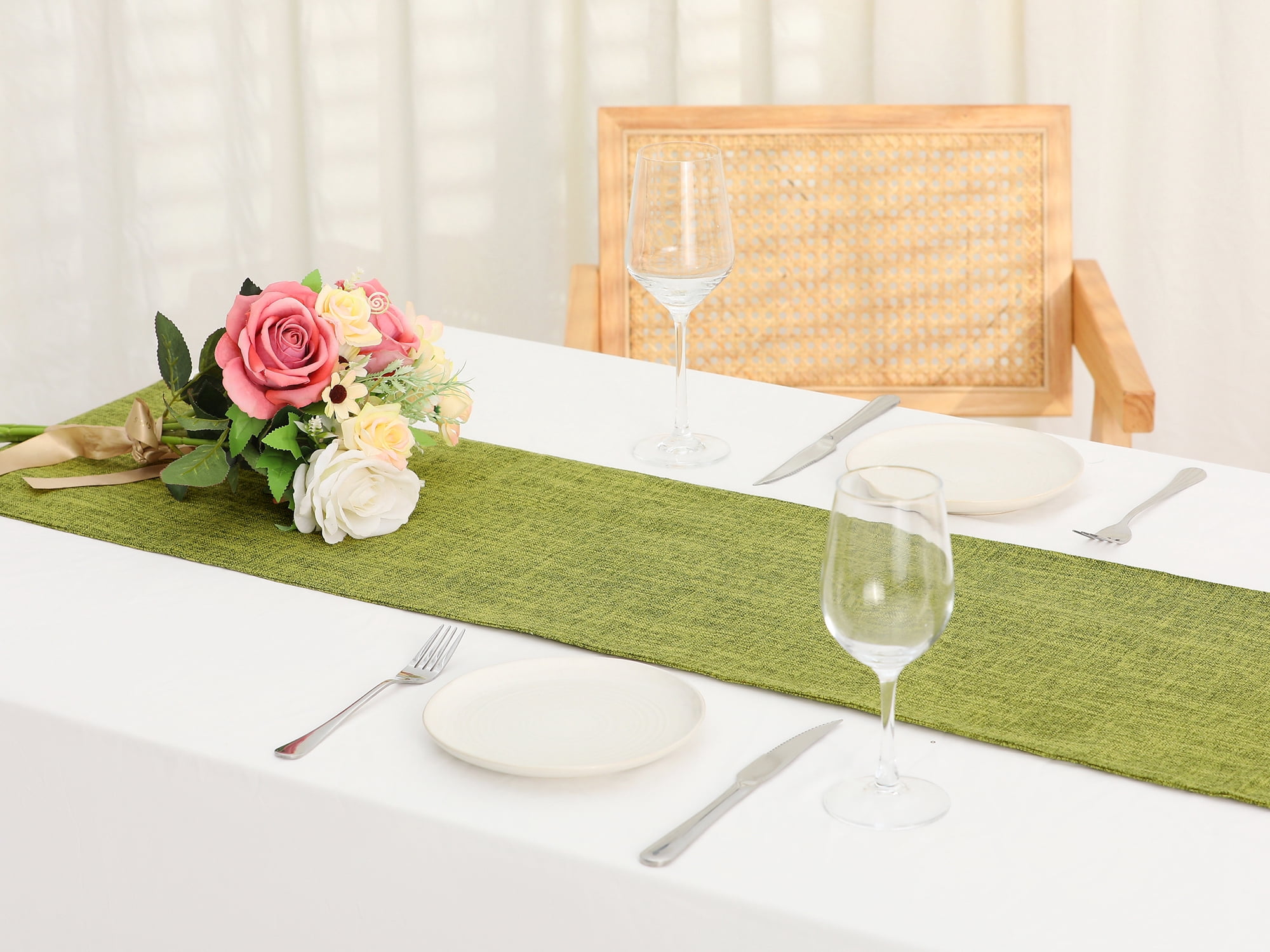 Unique Bargains 1 Pack Solid Color Table Runner Long Linen Table Banner Green 12"x63"