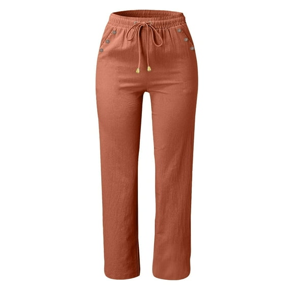 Womens Pants Elastic Waist High Waisted Wide Leg Solid Color Drawstring Straight Leg Long With Pockets Trousers Dressy Casual Red M