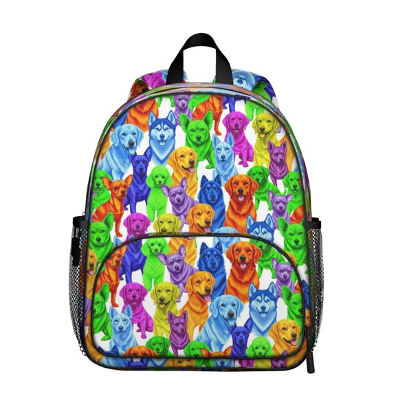Colorful Dog Breeds White Pattern Backpack for School, Cute School Bag with Adjustable Shoulder Straps and Padded Back, 13.8"x11.4"x6"