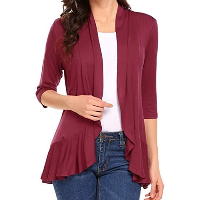 xiaxaixu Women Spring Autumn Cardigan Tops, 3/4 Sleeve Casual Solid Color Ruffled Hem Thin Tops Coat