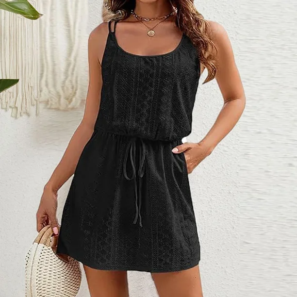 Summer Sleeveless Mini Dress Women Casual A Line Drawstring Pocket Beach Holiday Dresses For Women Short Dress White