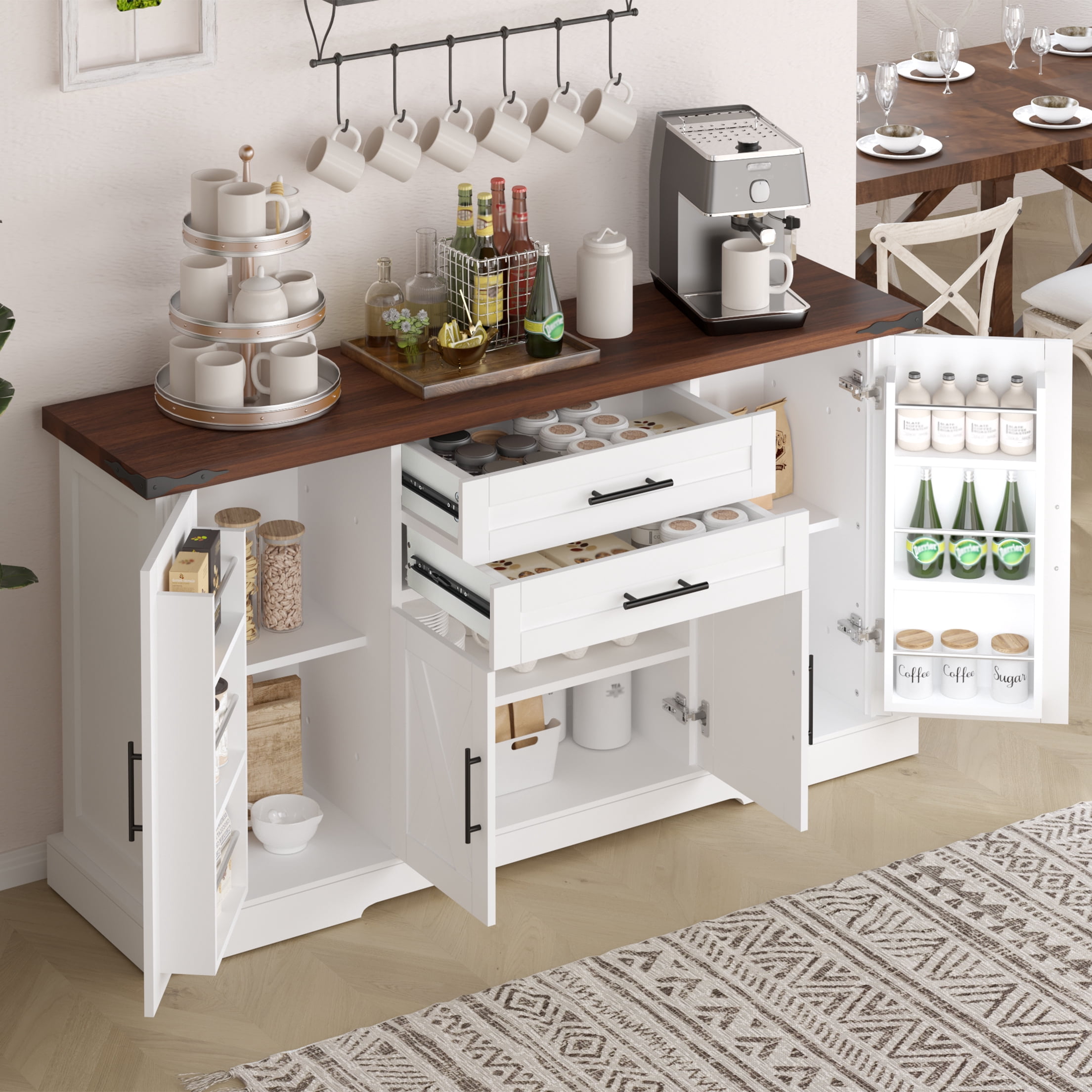 Mintazer 63" Farmhouse Sideboard Buffet Cabinet with 2 Drawers & Door Rack, Modern Storage Cabinet with Adjustable Shelves for Entryway Kitchen Living Room Dining Room, White