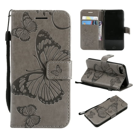 - iPhone 7/ 8 Wallet case, Allytech Pretty Retro Embossed Butterfly Flower Design PU Leather Book Style Wallet Flip Case Cover for Apple iPhone 7 and iPhone 8, Gray