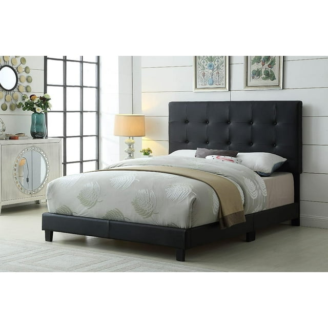 Logan Adjustable Upholstered Platform Bed with Button Tufted Headboard, Modern Linen & Faux Leather Bed Frame, Black, Double