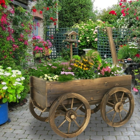 Zeny Garden Wood Wagon Flower Planter Pot Stand With Wheels Home Zeny Garden Wood Wagon Flower Planter Pot Stand With Wheels Home Outdoor Decor