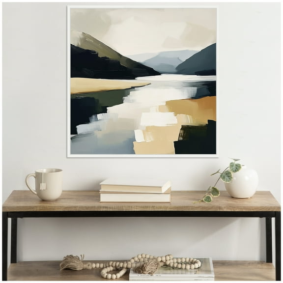 Kate and Laurel Sylvie Mountain Lake Modern Abstract Landscape Framed Canvas Wall Art by The Creative Bunch Studio 30x30 White, Contemporary, Abstract, Landscapes Art for Wall Decor, Living Room