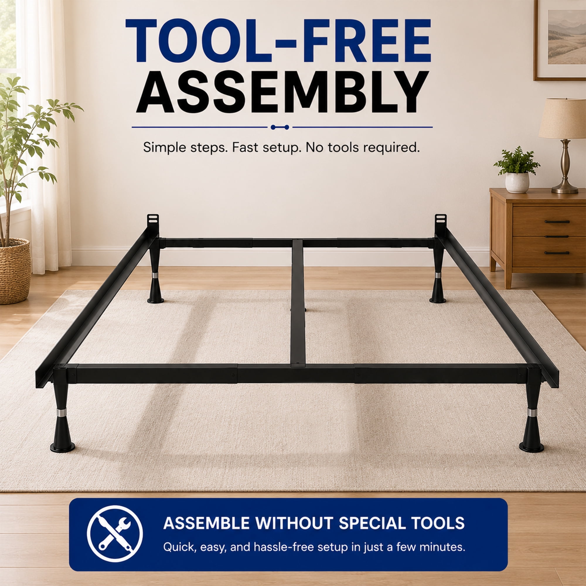 Continental Sleep, Advanced Metal Bed Frame for Box Spring and Mattress, Iron Center Support, Headboard Attachable, Noise-Free, Tool-Free Easy Assembly, 5-Legs Support, Queen, Black