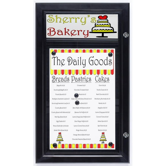 Weather Resistant, Magnetic Surface, Bulletin Board With Swing-Open Locking Door, Wall Mounted, Matte Black Finish Aluminum Frame, With Header, For Indoor Or Outdoor Use (ODM111711H)