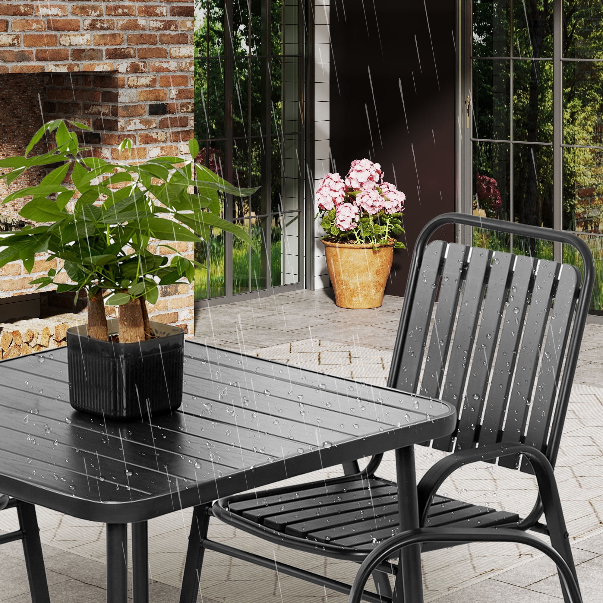 Clearance Outdoor Patio Dining Set for 4, Outdoor Furniture Plastic Table and Chairs, 5-piece Patio Set w/Square Table and Stackable Armchairs, Wood Grain Top, Heavy-duty Steel Frame, Black