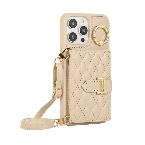 ELEHOLD Wallet Crossbody for iPhone 11 Pro Max Case with Lanyard Wrist Strap Credit Card Holder, PU Leather Protective Phone Case with Ring Holder,Beige