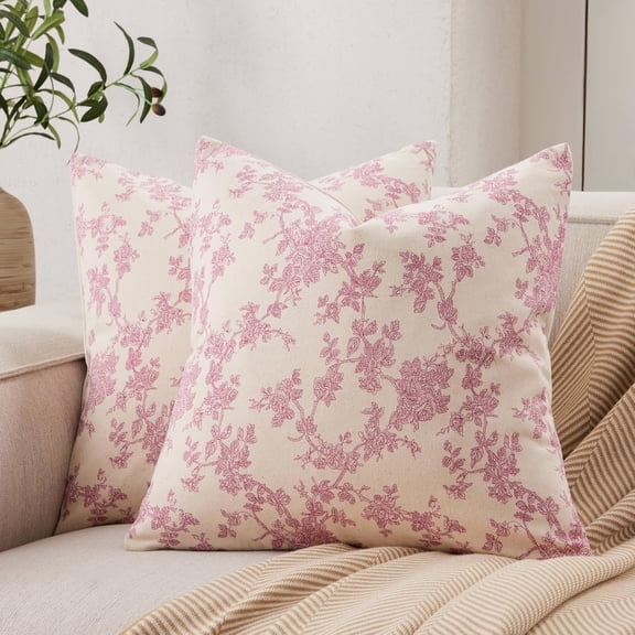 100% Cotton French Pastoral Throw Pillow Covers Set of 2, 20x20 Inch Pink Farmhouse Decorative Cushion Covers for Sofa Bed Living Room Home Decor