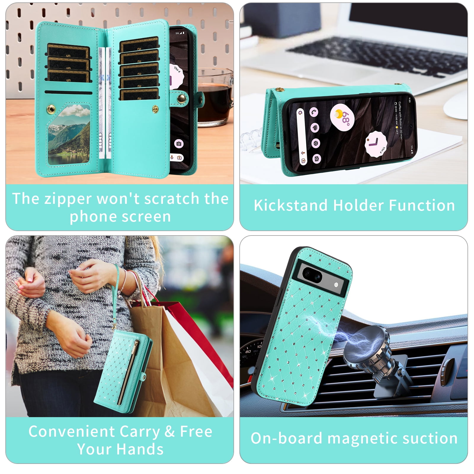 Asuwish Phone Case for Google Pixel 7A 5G 2023 Zipper Wallet Detachable Cell Cover with Tempered Glass Screen Protector Crossbody Lanyard Strap Bling Glitter Flip Card Holder Slot Pixel7A A7 Green