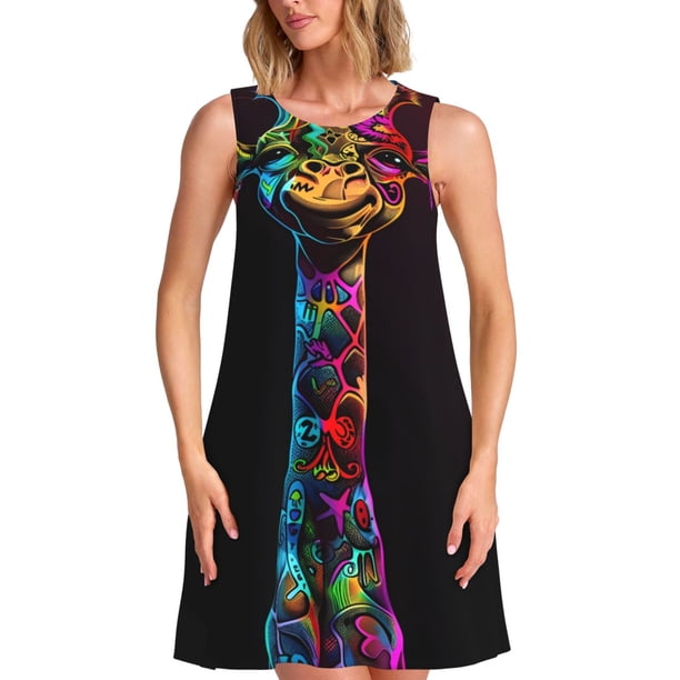 Balery Neon Psychedelic Giraffe Vestidos de verano para mujer con estampado: vestido holgado sin mangas, vestido playero informal y cómodo para días calurosos.