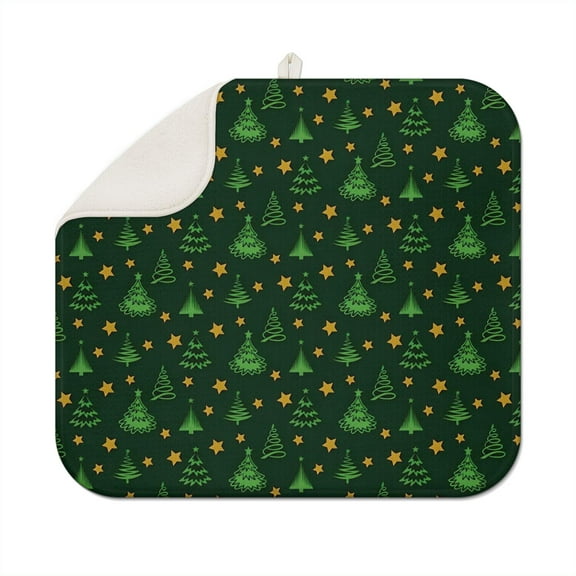 Dark Green Christmas Tree and Star Pattern Dish Drying Mat for Kitchen 1 Pack, Ultra Absorbent Microfiber Dishes Drainer Mats,16x18in(41x46cm)