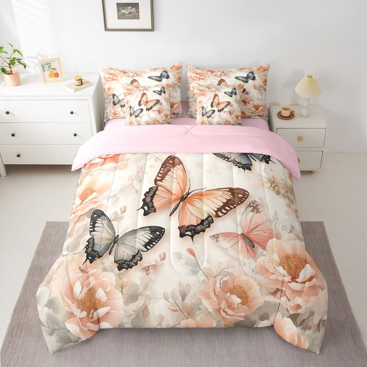 Homewish Flying Butterflies 7-Piece Twin Bedding Sets For Female Teens Adults,Floral Blossoms Bedding Comforter Set,Spring Garden Breathable Sheet Sets,Super Cozy Room Decor,Reversible
