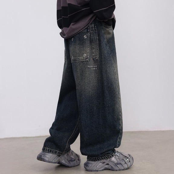 Boys Pants Solid Print Pocketed Elastic Waist Straight-Leg Denim Pants for Casual Wear Dark Blue 4 Years-5 Years