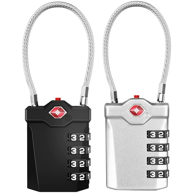 Luggage Padlock, 4 Digit Combination Padlock with Open Alarm, Combination Padlock with Gym Cable (2 Pieces, Black and Silver)