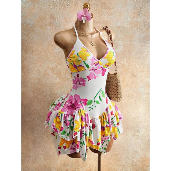 Multicolor Boho Tropical Floral Halter Cami Mini Dress With Ruffle Asymmetrical Hem Sleeveless Summer Sundress
