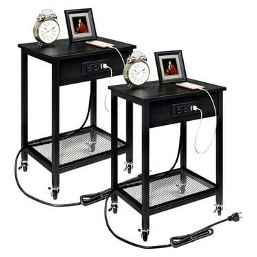 End Table Set of 2 with Charging Station & USB Ports, Side Table with Wheels & Storage Shelf Nightstand for Living Room Bedroom Black * 2pc
