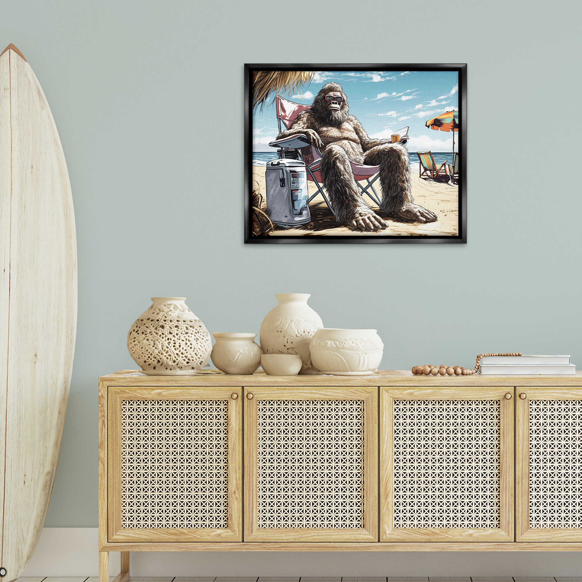 Stupell Industries Big Monster on Beach Fairy Tales & Fantasy Painting Black Floater Framed Canvas Art Print Wall Art, 31 x 25