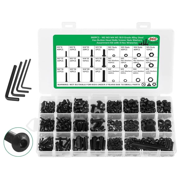 Metric Screw Assortment Kit, M2 M3 M4 M5 Machine Screws with Lock & Flat Washers, Alloy Steel, Hex Button Head Cap Nuts and Bolts Assortment Kit with Wrenches