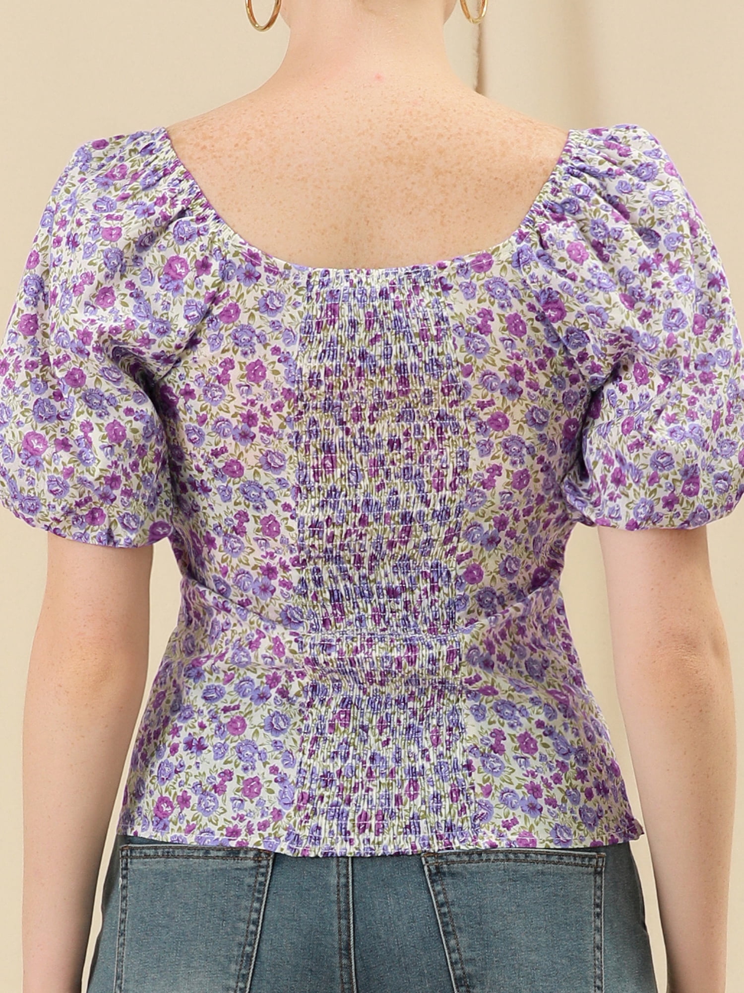 DARING DIVA Puff Sleeve Sweetheart Neck Smocked Floral Top M Purple