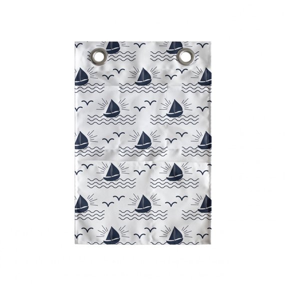 Sailing Hanging Pocket Organizer, Repetitive Waves Sea Sailboat Seagulls Simplistic Illustration, Printed Polyester Storage Bag with Pockets, 14" x 20", Dark Violet Blue White