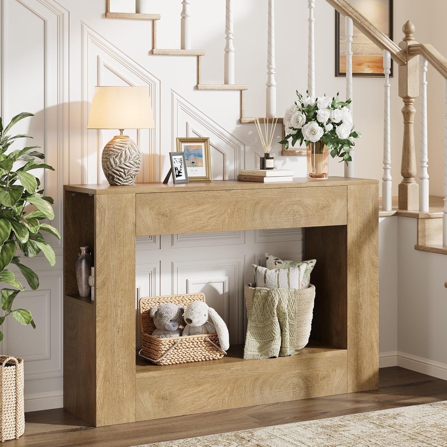 Vividwood 47" Farmhouse Wood Console Table with Drawer and Storage Shelves, Natural
