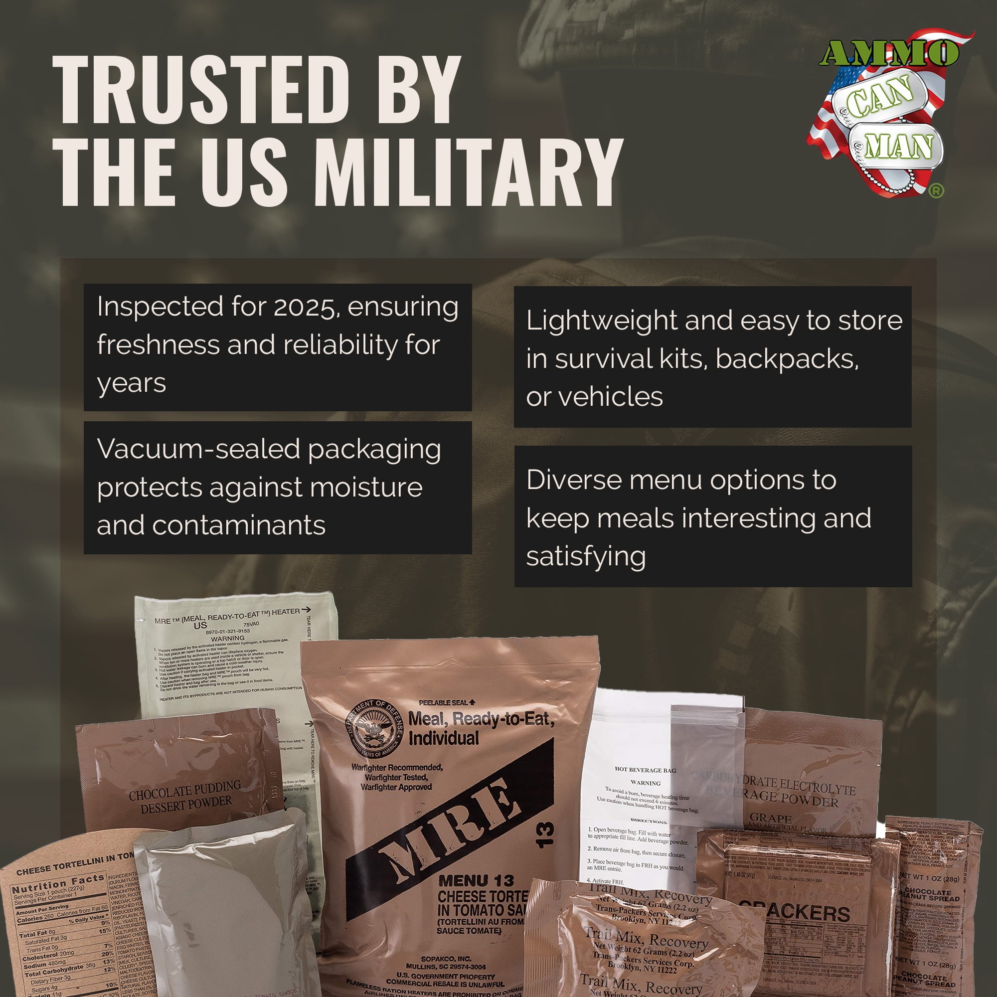 AMMO CAN MAN Meals Ready to Eat (Pack of 4) - MRE Emergency Food Rations w/Assorted Flavors for Camping, Survival & More