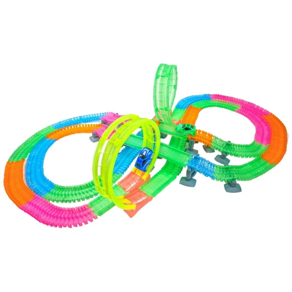 Magical Twisting Glow In the Dark Light Up Race Car Tracks - Ultimate Loop Racing Set - Flexible Bending Slot Car Race Track Toy - 420 pcs - 25ft Of Track