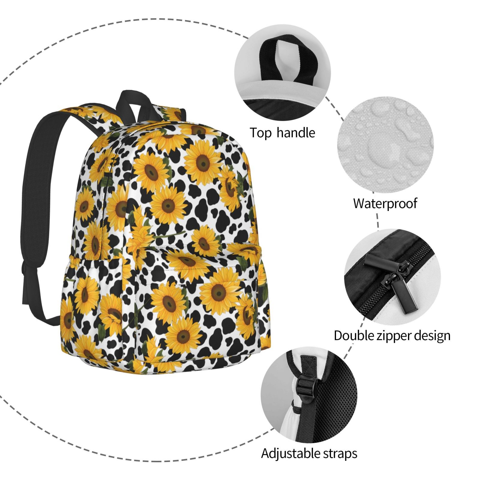 Rateoe Cow Print Sunflower Pattern Student Backpack,Backpack for School,Lightweight Bag,Travel Backpack,Outdoor Backpack,Large Capacity Backpack