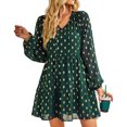 thumbnail image 1 of Vestido con cuello en V, manga larga, estampado con cordón, vestido casual de moda fluido para mujer, 1 of 7