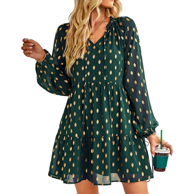Vestido con cuello en V, manga larga, estampado con cordón, vestido casual de moda fluido para mujer