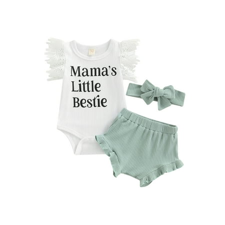 

CenturyX Newborn Baby Girls Summer Outfits Clothes Set Letters Print Romper Ribbed Shorts Headband Green 3-6 Months