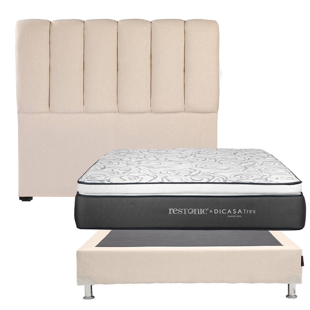 Colchón Matrimonial Restonic Trini + Box Base Cama + Cabecera Kami Crema