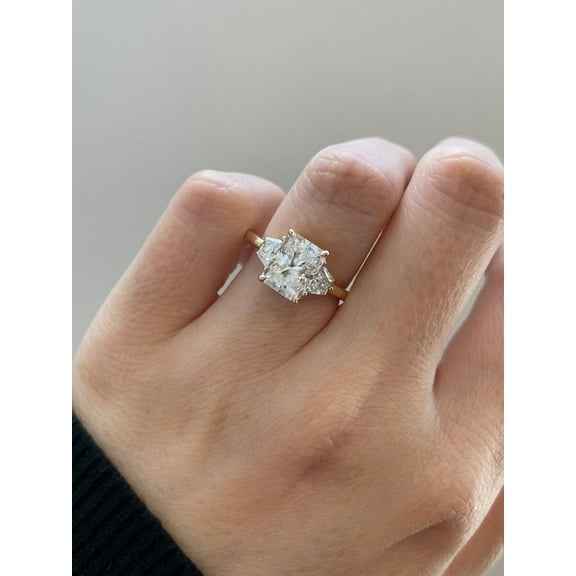SOLITAIRE JEWELS 2.00TCW Radiant & Trapezoid Cut Moissanite Three Stone Engagement Ring for Women Solid 10k Yellow Gold