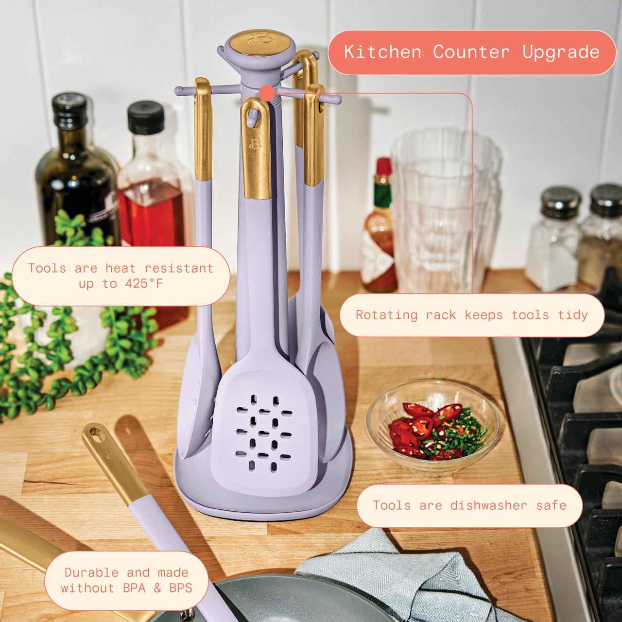 Beautiful 6-Piece Silicone Kitchen Utensil Tool Set with Rotating Rack, Lavender by Drew Barrymore