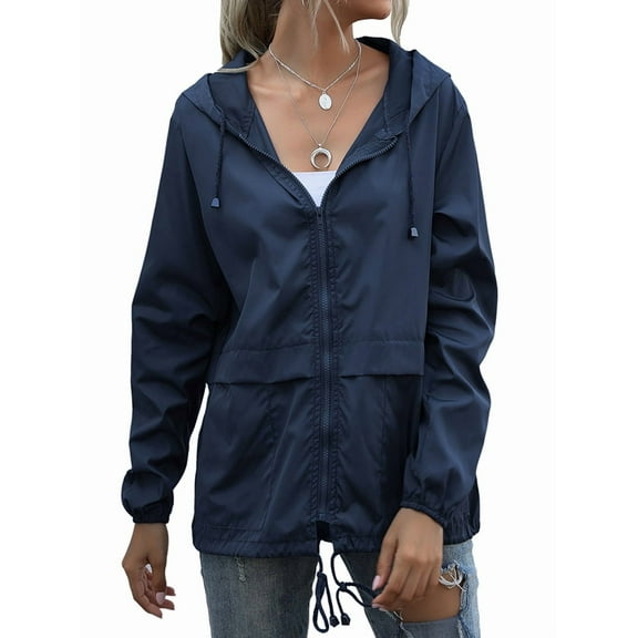 Women'S Raincoats Waterproof Windproof Adjustable Windbreaker Rain Jackets Hooded with Pockets Dark Blue XXL
