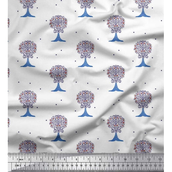 Soimoi Crepe Silk Fabric Dot & Tree Block Decor Fabric Printed Yard 42 Inch Wide