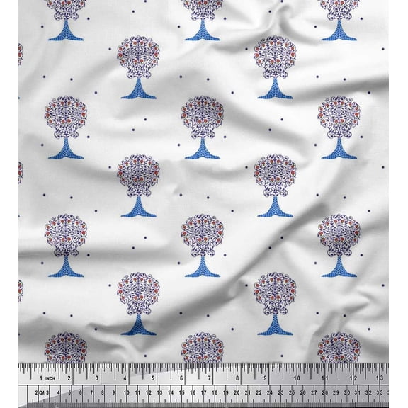 Soimoi Crepe Silk Fabric Dot & Tree Block Decor Fabric Printed Yard 42 Inch Wide