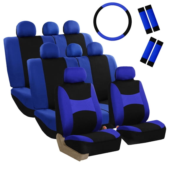 FH Group, Car Seat Covers for Auto SUV Van Truck 3 Row Blue w/Steering Wheel/Belt Pad